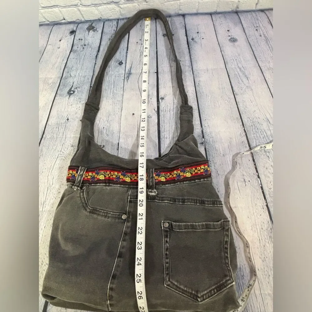 Handcrafted Black Denim Slouchy Hobo Embroidery Trim Upcycled Jean Bag Purse